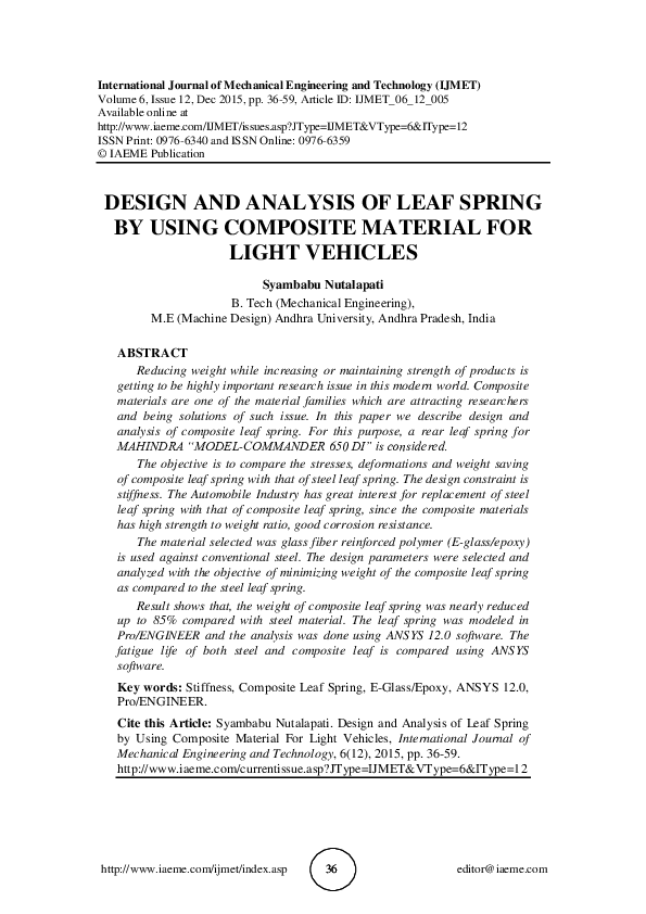 (PDF) DESIGN AND ANALYSIS OF LEAF SPRING BY USING COMPOSITE MATERIAL FOR LIGHT VEHICLES IAEME