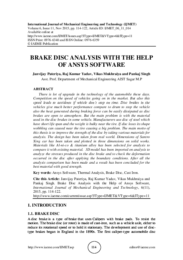 (PDF) BRAKE DISC ANALYSIS WITH THE HELP OF ANSYS SOFTWARE IAEME