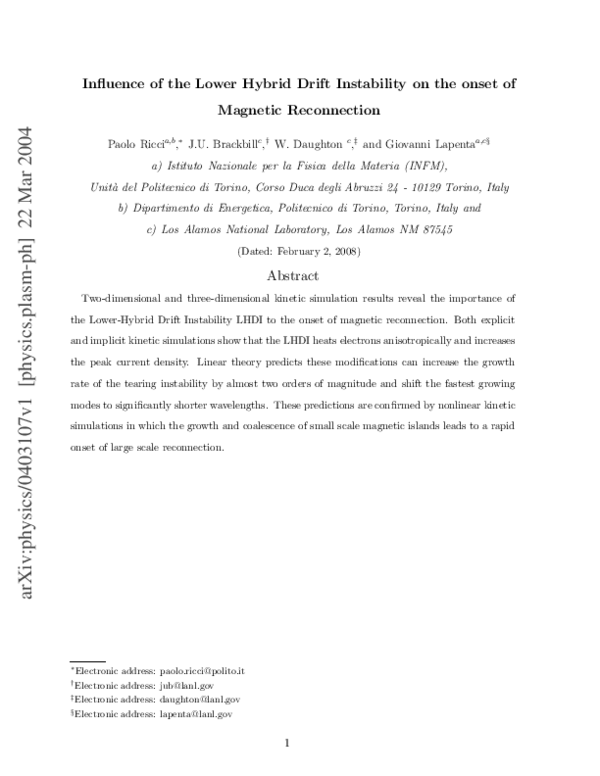 (PDF) Influence of the lower hybrid drift instability on the onset of ...