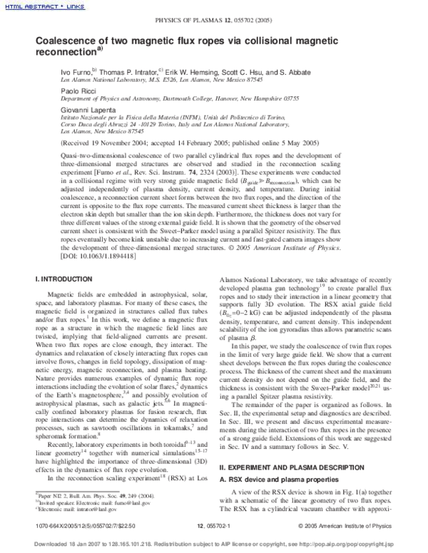 (PDF) Coalescence of two magnetic flux ropes via collisional magnetic ...