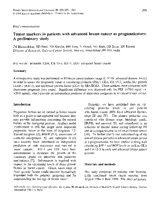 (PDF) Tumor markers in patients with advanced breast cancer as ...