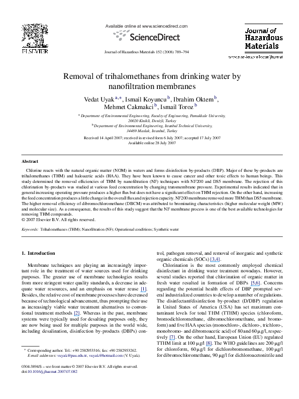 (PDF) Removal of trihalomethanes from drinking water by nanofiltration