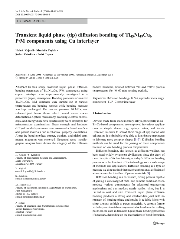 (PDF) Transient liquid phase (tlp) diffusion bonding of Ti45Ni49Cu6 P/M ...