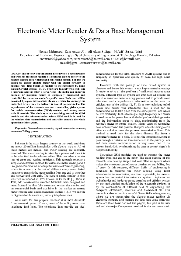 (PDF) Electronic meter reader & data base management system zain ali