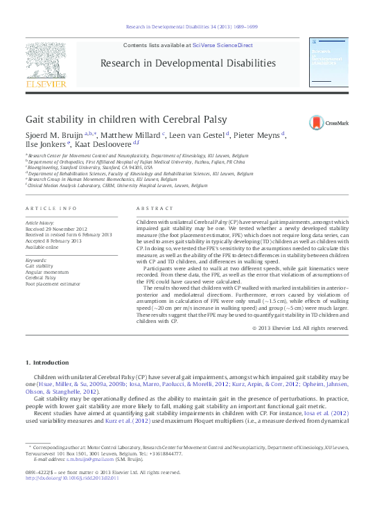(PDF) Gait stability in children with Cerebral Palsy