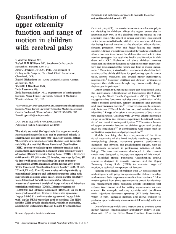 (PDF) Quantification of upper extremity function and range of motion in ...
