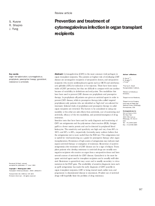 (PDF) Prevention and treatment of cytomegalovirus infection in organ ...