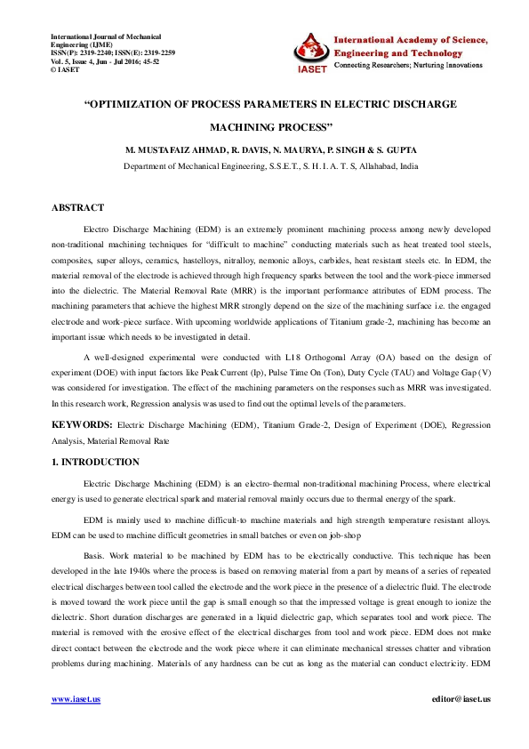 (PDF) " OPTIMIZATION OF PROCESS PARAMETERS IN ELECTRIC DISCHARGE ...
