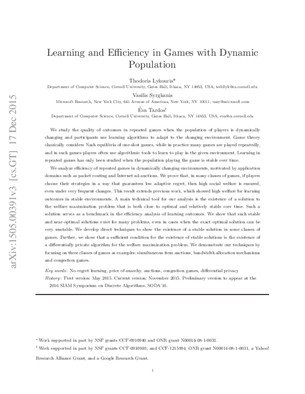 (PDF) Learning and Efficiency in Games with Dynamic Population