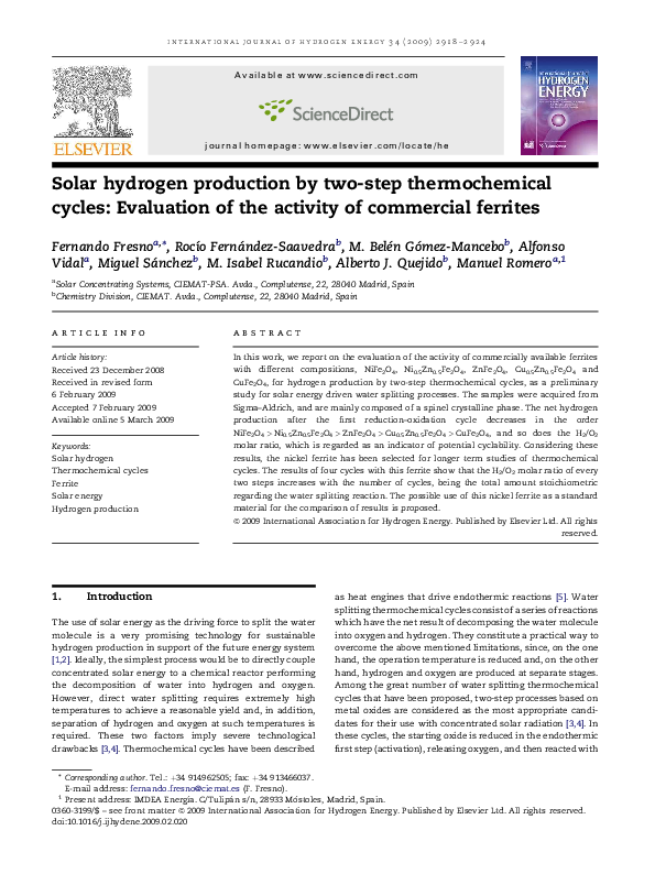 (PDF) Solar hydrogen production by two-step thermochemical cycles ...