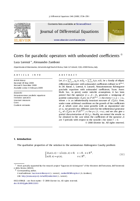 (PDF) Cores for parabolic operators with unbounded coefficients