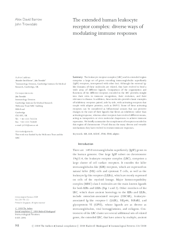 (PDF) The extended human leukocyte receptor complex: diverse ways of ...