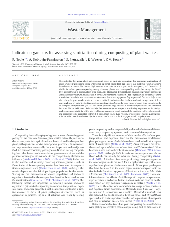 (PDF) Indicator organisms for assessing sanitization during composting ...