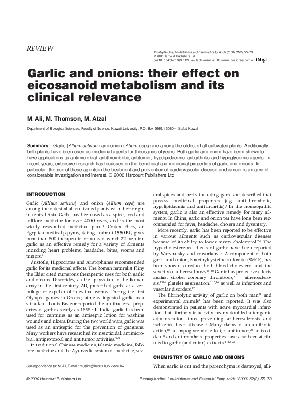 (PDF) Garlic and onions their effect on eicosanoid metabolism and its