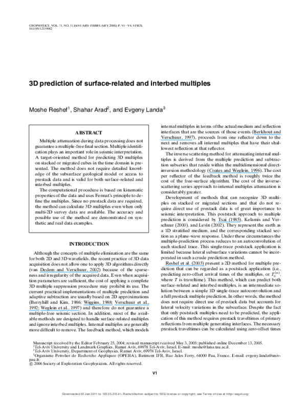 (PDF) 3D prediction of surface-related and interbed multiples