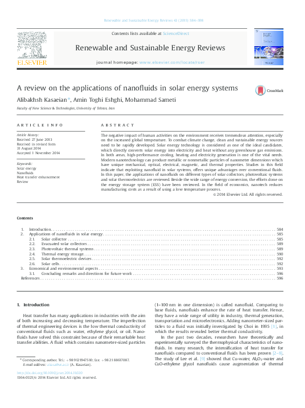 (PDF) A review on the applications of nanofluids in solar energy systems