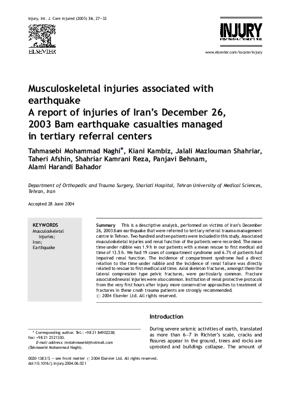 (PDF) Musculoskeletal injuries associated with earthquake Shahriar
