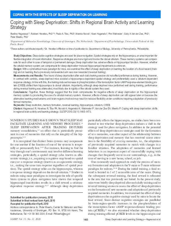 (PDF) Coping with Sleep Deprivation: Shifts in Regional Brain Activity ...