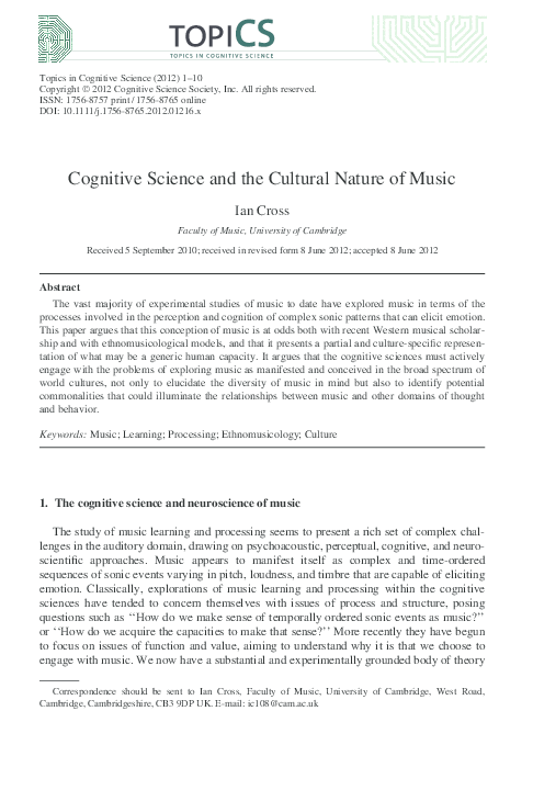 (PDF) Cognitive Science and the Cultural Nature of Music