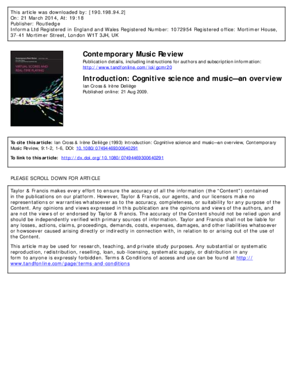 Pdf Introduction Cognitive Science And Music An Overview Pdf Introduction Cognitive Science And Music An Overview