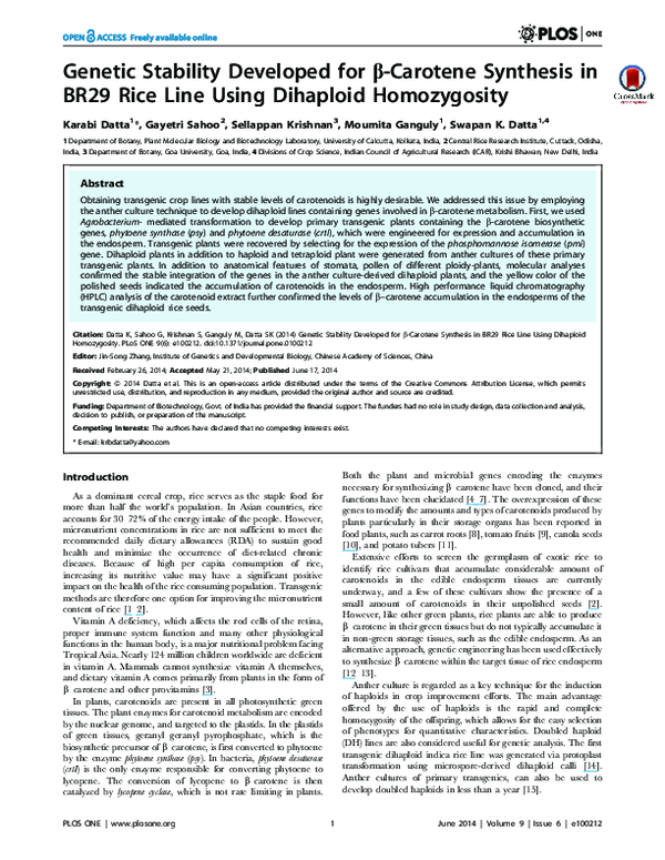 (PDF) Genetic Stability Developed for β-Carotene Synthesis in BR29 Rice ...