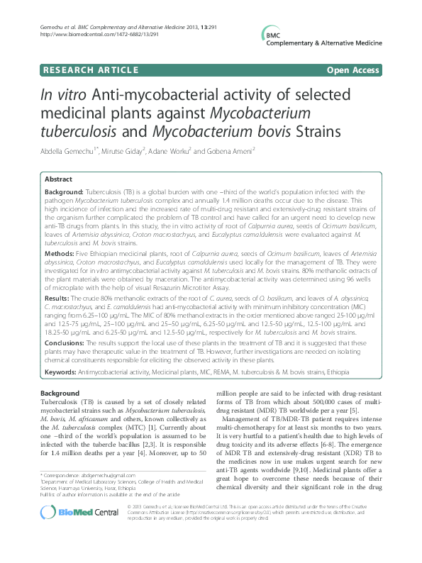(PDF) In vitro Anti-mycobacterial activity of selected medicinal plants ...