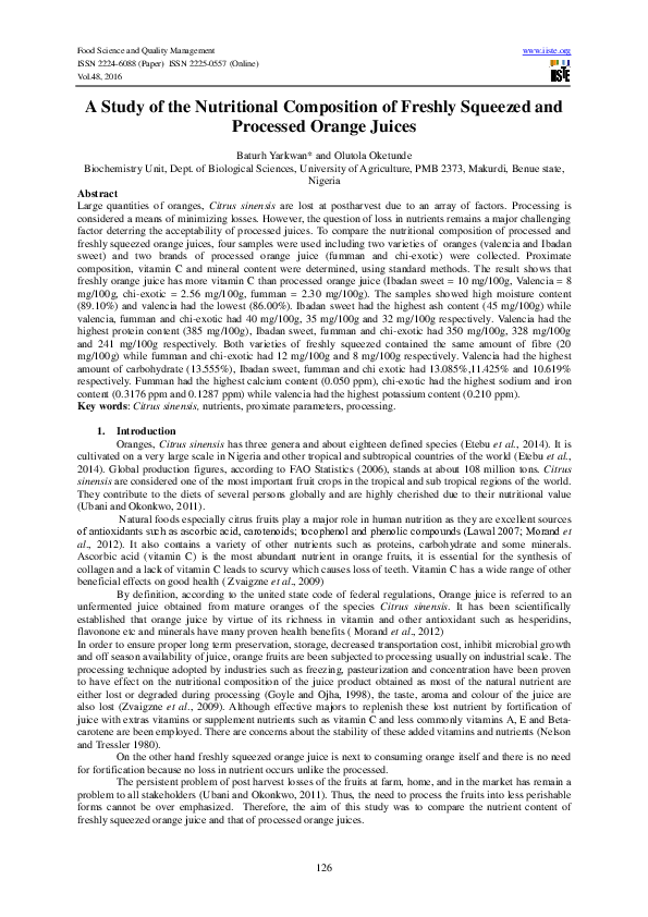 (PDF) A Study of the Nutritional Composition of Freshly Squeezed and