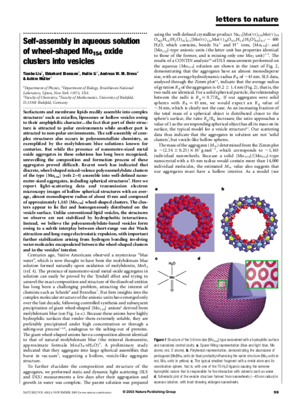 (PDF) Self-assembly in aqueous solution of wheel-shaped Mo154 oxide ...