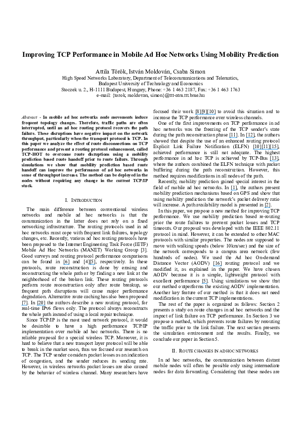 (PDF) Improving TCP Performance in Mobile Ad Hoc Networks Using ...