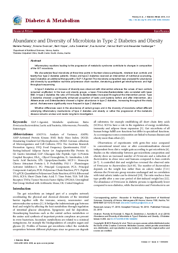 (PDF) Abundance and Diversity of Microbiota in Type 2 Diabetes and Obesity