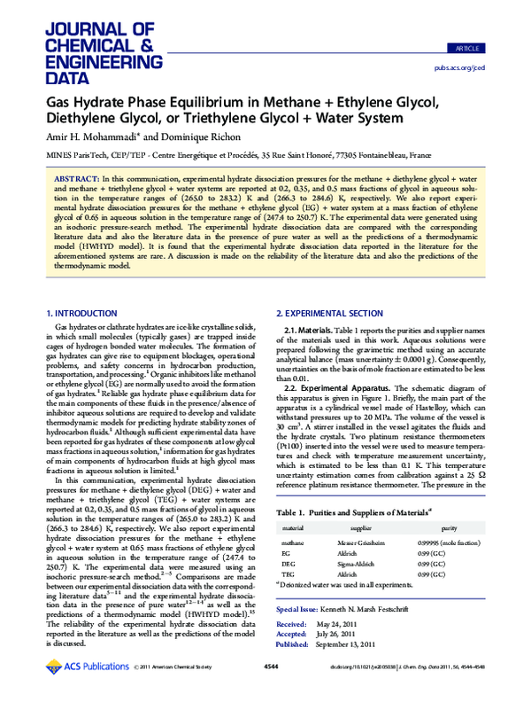 (PDF) Gas Hydrate Phase Equilibrium in the Presence of Ethylene Glycol ...