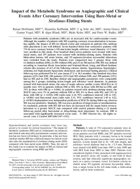 (PDF) Impact of Metabolic Syndrome on Angiographic and Clinical Outcome ...