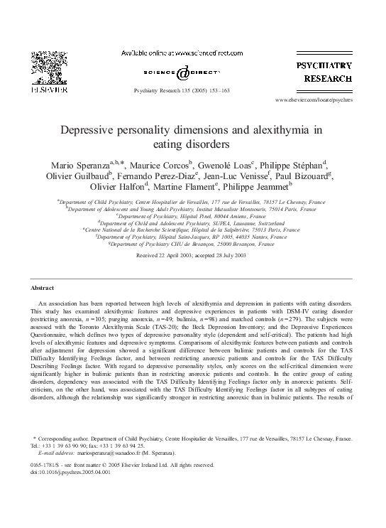 (PDF) Depressive personality dimensions and alexithymia in eating disorders