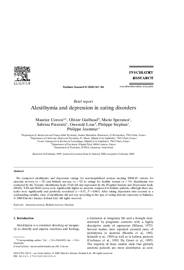 (PDF) Alexithymia and depression in eating disorders