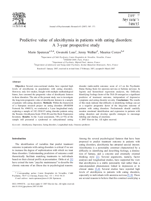 (PDF) Predictive value of alexithymia in patients with eating disorders ...