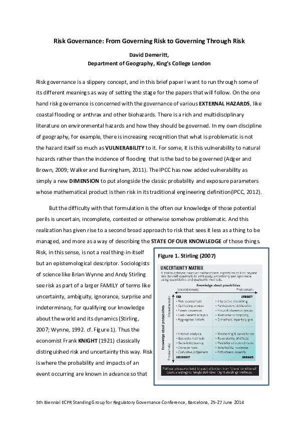 (PDF) Risk Governance: From Governing Risk to Governing Through Risk