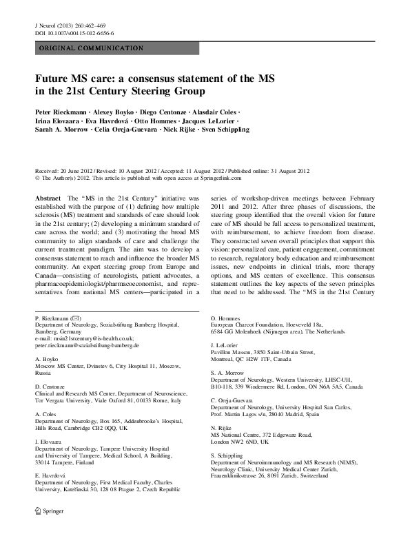(PDF) Future MS care: a consensus statement of the MS in the 21st ...