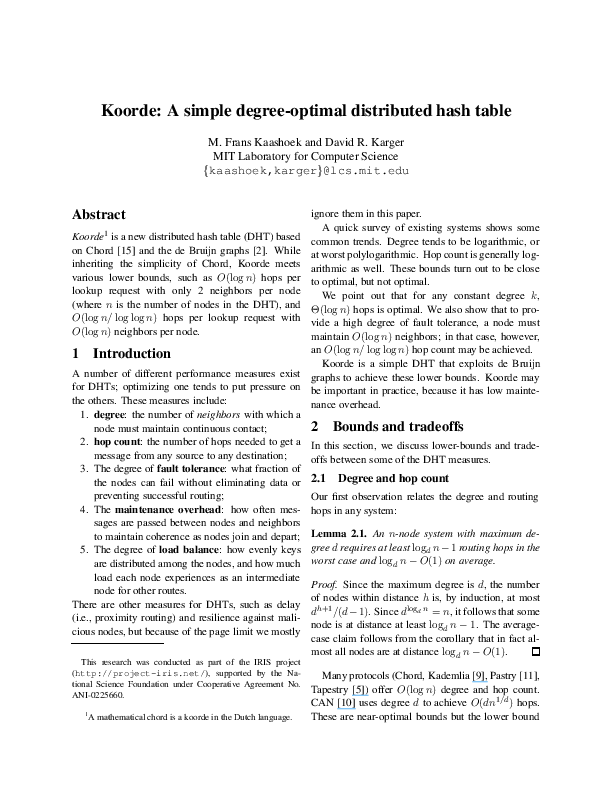 (PDF) Koorde: A Simple Degree-Optimal Distributed Hash Table