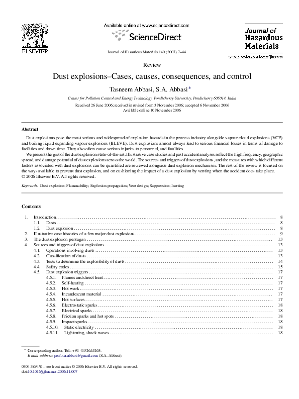 (PDF) Dust explosionsCases, causes, consequences, and control sajjad