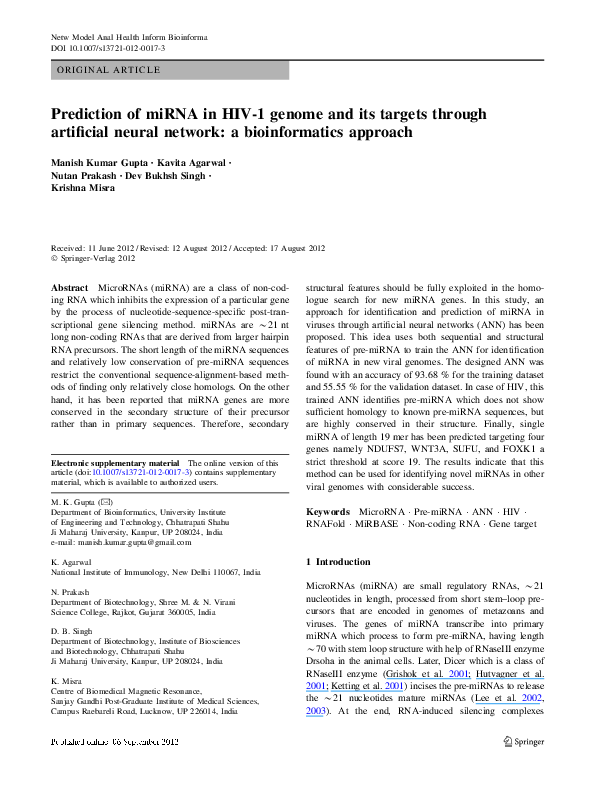 (PDF) Prediction of miRNA in HIV-1 genome and its targets through ...