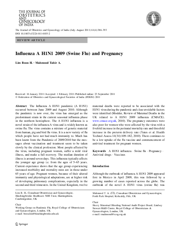 (PDF) Influenza A H1N1 2009 (Swine Flu) and Pregnancy