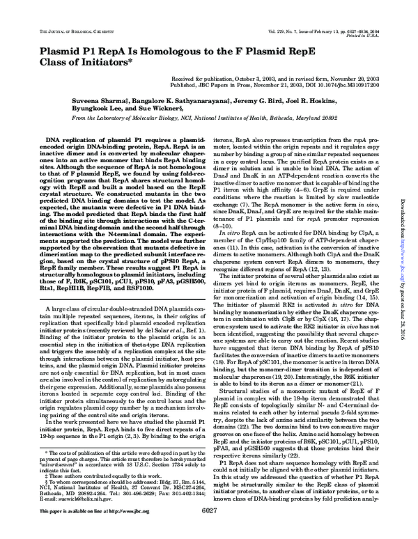(PDF) Plasmid P1 RepA Is Homologous to the F Plasmid RepE Class of ...