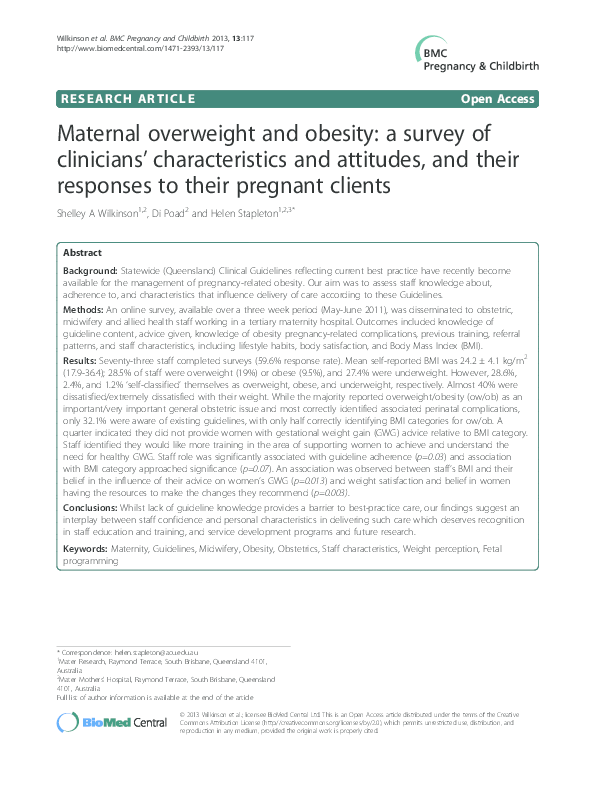 (PDF) Maternal overweight and obesity: a survey of clinicians ...