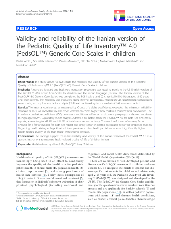 (PDF) Validity and reliability of the Iranian version of the Pediatric ...