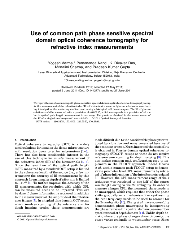 (PDF) Use of common path phase sensitive spectral domain optical ...