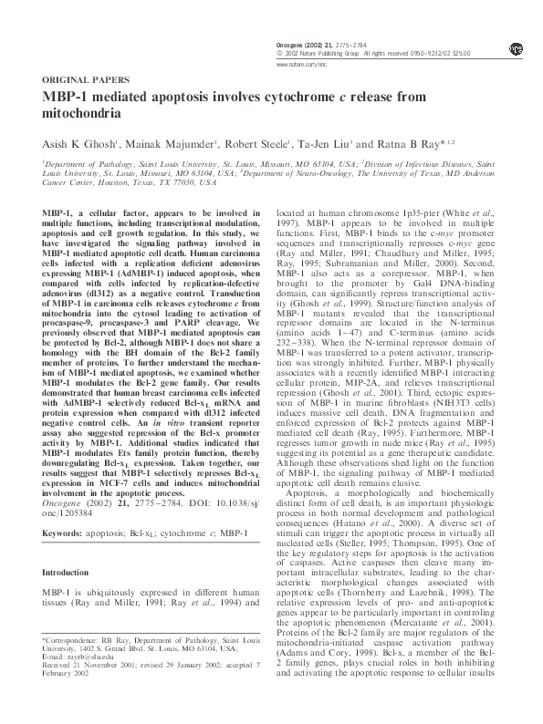 (PDF) MBP1 mediated apoptosis involves cytochrome c release from ...