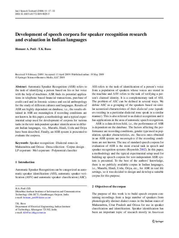 (PDF) Development of speech corpora for speaker recognition research ...