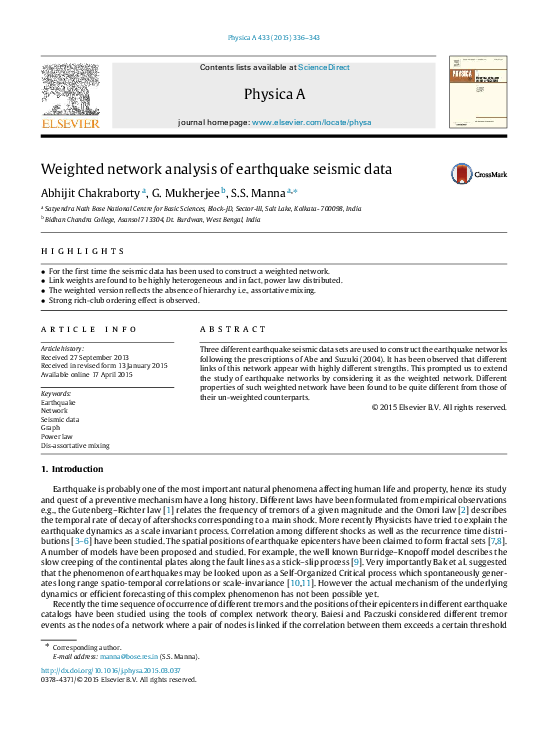 (PDF) Weighted network analysis of earthquake seismic data