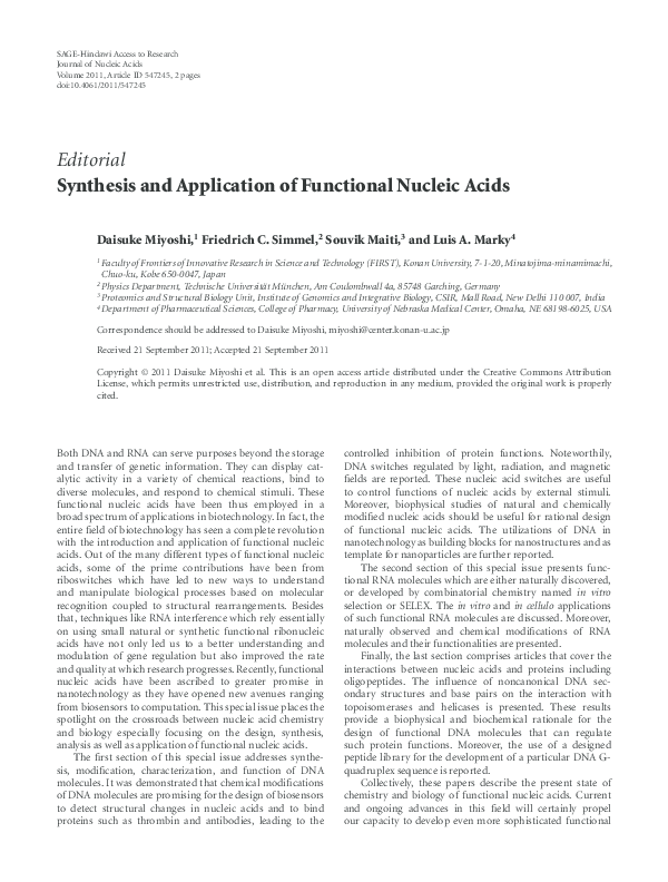(PDF) Synthesis and Application of Functional Nucleic Acids