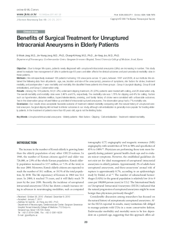 (PDF) Benefits of Surgical Treatment for Unruptured Intracranial ...